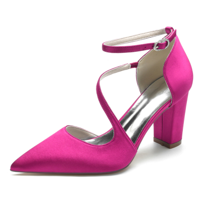 Magenta Satin Pointed Toe Chunky Heel Ankle Strap Pumps Wedding Shoes