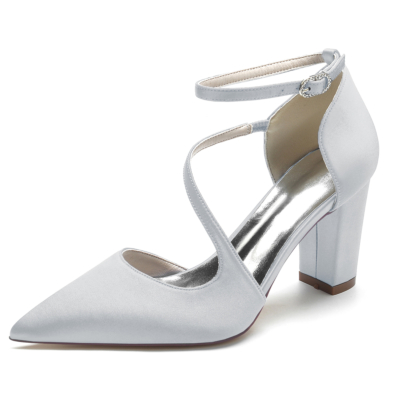 Silver Satin Pointed Toe Chunky Heel Ankle Strap Pumps Wedding Shoes
