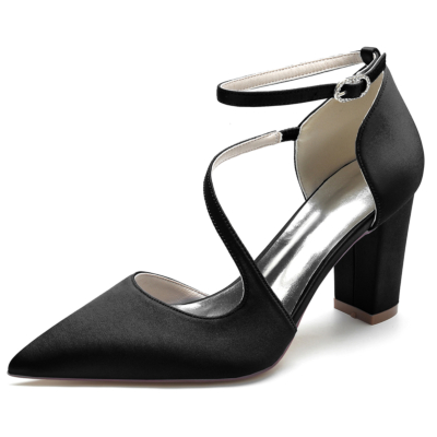 Black Satin Pointed Toe Chunky Heel Ankle Strap Pumps Wedding Shoes