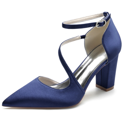 Navy Satin Pointed Toe Chunky Heel Ankle Strap Pumps Wedding Shoes