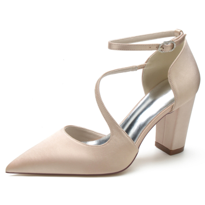 Champagne Satin Pointed Toe Chunky Heel Ankle Strap Pumps Wedding Shoes