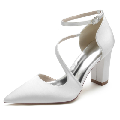 Satin Pointed Toe Chunky Heel Ankle Strap Pumps Wedding Shoes