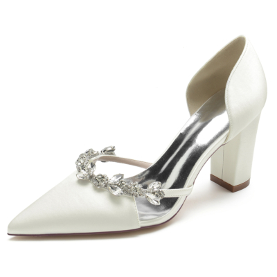 Ivory White Satin Pointed Toe Chunky Heel Rhinestone Jewelry D'orsay Pumps Bride Shoes