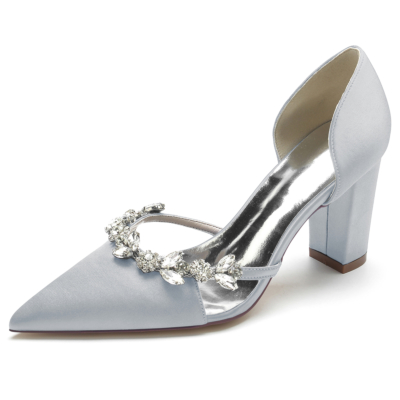 Silver Satin Pointed Toe Chunky Heel Rhinestone Jewelry D'orsay Pumps Bride Shoes