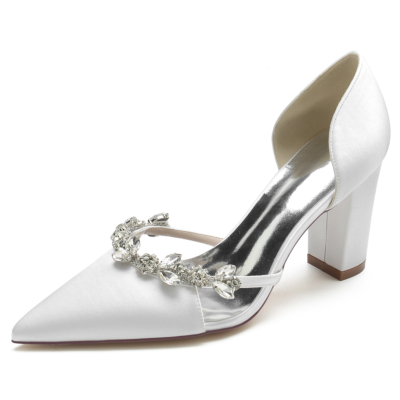 White Satin Pointed Toe Chunky Heel Jewelry D'orsay Pumps Bride Shoes
