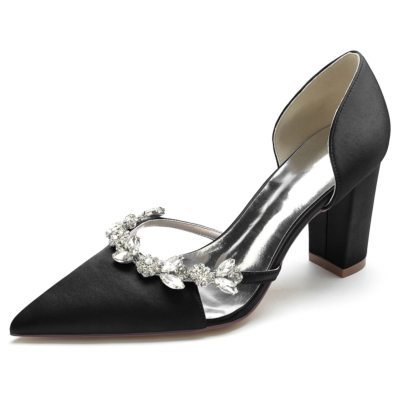 Black Satin Pointed Toe Chunky Heel Rhinestone Jewelry D'orsay Pumps Bride Shoes