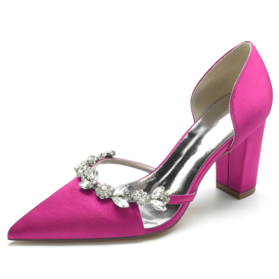 Magenta Satin Pointed Toe Chunky Heel Rhinestone Jewelry D'orsay Pumps Bride Shoes