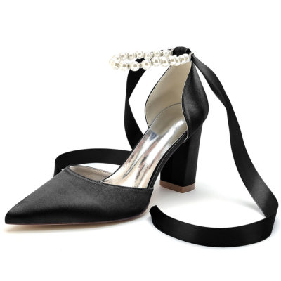 Black Satin Pointed Toe Chunky Heels Pearl Ankle Strap Pumps