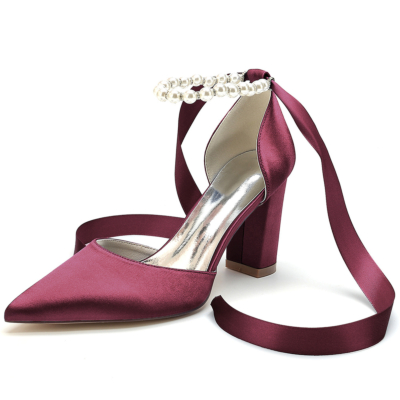 Burgundy Satin Pointed Toe Chunky Heels Pearl Ankle Strap Pumps