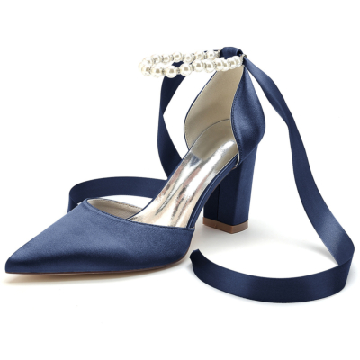 Navy Satin Pointed Toe Chunky Heels Pearl Ankle Strap Pumps