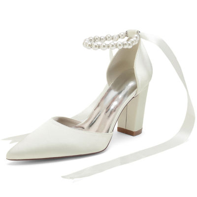 Ivory White Satin Pointed Toe Chunky Heels Pearl Ankle Strap Pumps