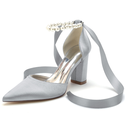 Silver Satin Pointed Toe Chunky Heels Pearl Ankle Strap Pumps