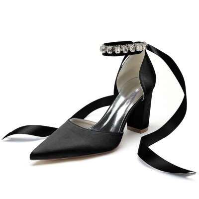 Black Satin Pointed Toe Chunky Heels Rhinestone Ankle Strap Wedding Shoes
