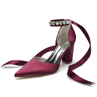 Burgundy Satin Pointed Toe Chunky Heels Rhinestone Ankle Strap Wedding Shoes