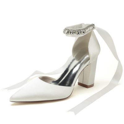 Ivory Satin Pointed Toe Chunky Heels Rhinestone Ankle Strap Wedding Shoes