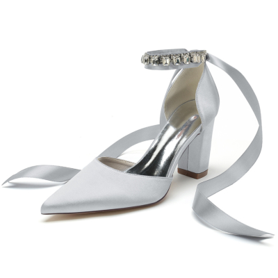 Silver Satin Pointed Toe Chunky Heels Rhinestone Ankle Strap Wedding Shoes
