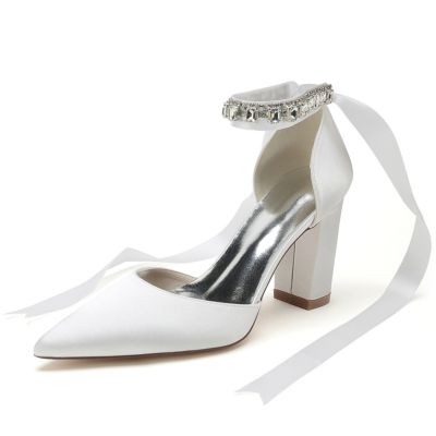 White Satin Pointed Toe Chunky Heels Rhinestone Ankle Strap Wedding Shoes