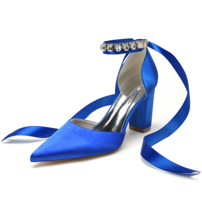 Royal Blue Satin Pointed Toe Chunky Heels Rhinestone Ankle Strap Wedding Shoes