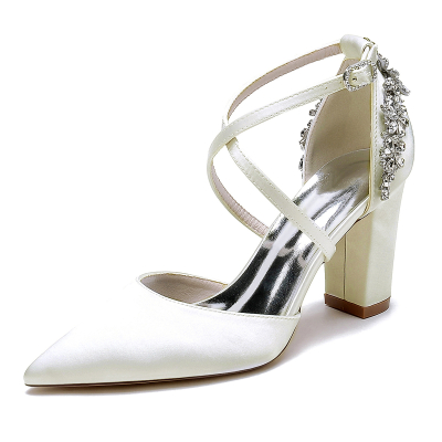 Ivory Satin Pointed Toe Cross Strap Wedding Pumps Chunky Heel Shoes