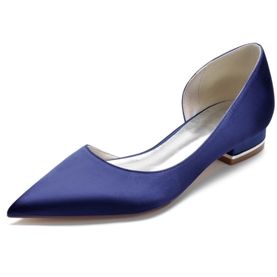 Navy Satin Pointed Toe Flat Shoes