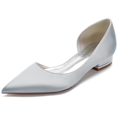 Silver Satin Pointed Toe Flat Shoes