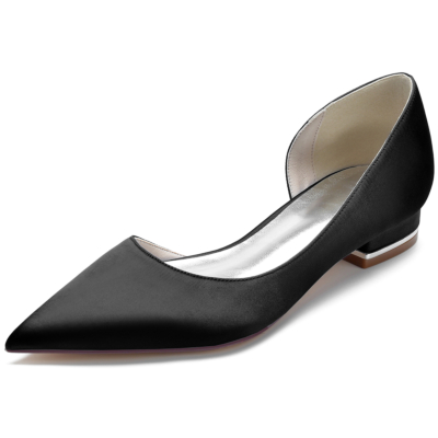 Black Satin Pointed Toe Flat Shoes