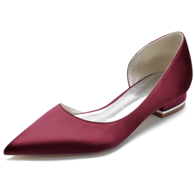 Burgundy Satin Pointed Toe Flat Shoes