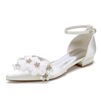 Ivory Satin Pointed Toe Flowers Ankle Strap Flat Wedding Shoes