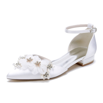 Satin Pointed Toe Flowers Ankle Strap Flat Wedding Shoes