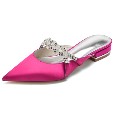 Magenta Satin Pointed Toe Jewelry Flat Wedding Mule Shoes