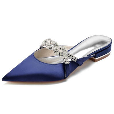 Navy Satin Pointed Toe Jewelry Flat Wedding Mule Shoes