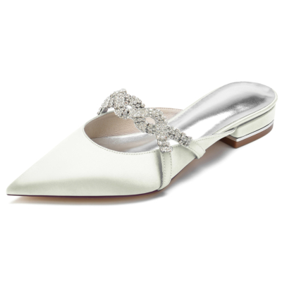 Ivory Satin Pointed Toe Jewelry Flat Wedding Mule Shoes