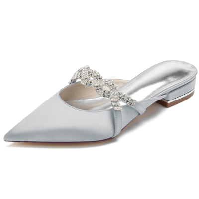 Silver Satin Pointed Toe Jewelry Flat Wedding Mule Shoes