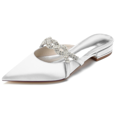 White Satin Pointed Toe Jewelry Flat Wedding Mule Shoes