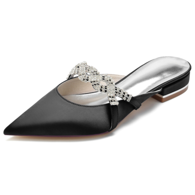 Black Satin Pointed Toe Jewelry Flat Wedding Mule Shoes