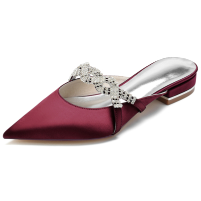 Burgundy Satin Pointed Toe Jewelry Flat Wedding Mule Shoes