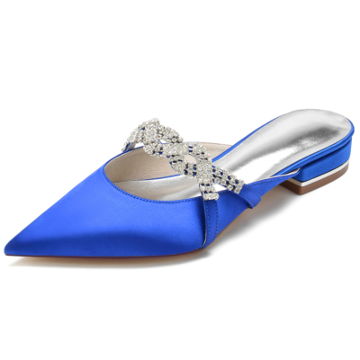 Royal Blue Satin Pointed Toe Jewelry Flat Wedding Mule Shoes