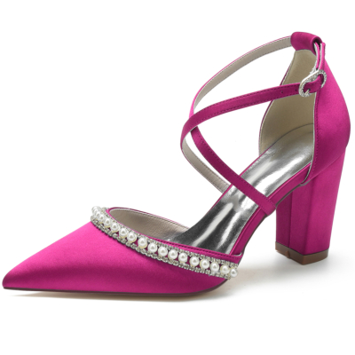 Magenta Satin Pointed Toe Pearl Jewelry Cross Strappy Chunky Heel Pumps