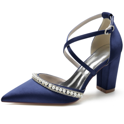 Navy Satin Pointed Toe Pearl Jewelry Cross Strappy Chunky Heel Pumps