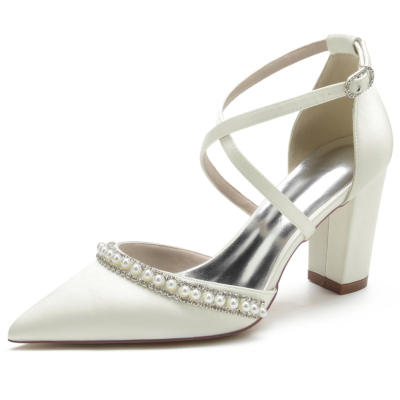 Ivory White Satin Pointed Toe Pearl Jewelry Cross Strappy Chunky Heel Pumps