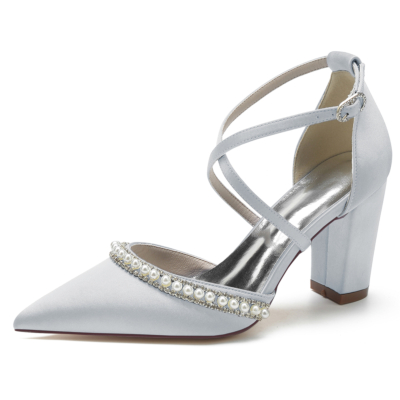 Silver Satin Pointed Toe Pearl Jewelry Cross Strappy Chunky Heel Pumps