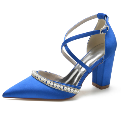 Royal Blue Satin Pointed Toe Pearl Jewelry Cross Strappy Chunky Heel Pumps
