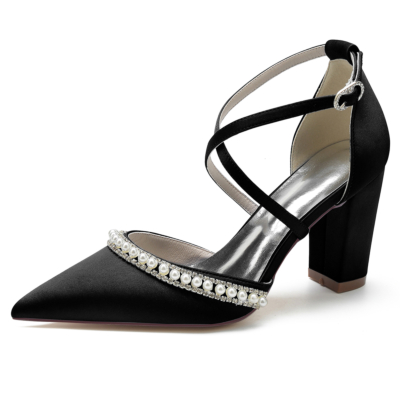 Black Satin Pointed Toe Pearl Jewelry Cross Strappy Chunky Heel Pumps