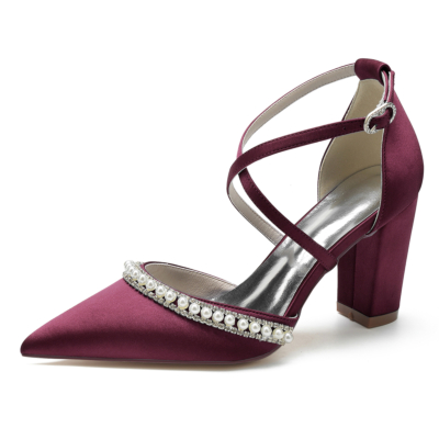 Burgundy Satin Pointed Toe Pearl Jewelry Cross Strappy Chunky Heel Pumps