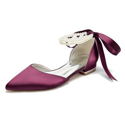 Burgundy Satin Pointed Toe Pearl Strap Lace up Wedding Flats