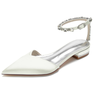 Ivory Satin Pointed Toe Rhinestone Ankle Strap Flats Summer Sandals