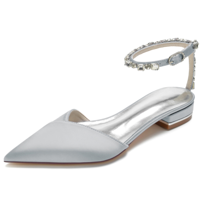 Silver Satin Pointed Toe Rhinestone Ankle Strap Flats Summer Sandals