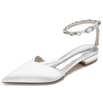 White Satin Pointed Toe Rhinestone Ankle Strap Flats Summer Sandals