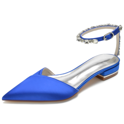 Royal Blue Satin Pointed Toe Rhinestone Ankle Strap Flats Summer Sandals