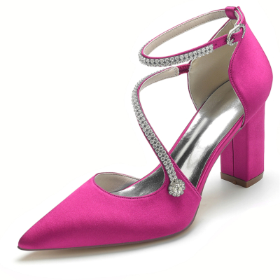 Magenta Satin Pointed Toe Rhinestone Ankle Strap Heels Wedding Shoes